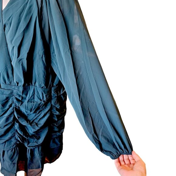 Andree By Unit 2X Dress Dark‎ Teal Chiffon Layered Longsleeve Blue Green Lined - Picture 5 of 13